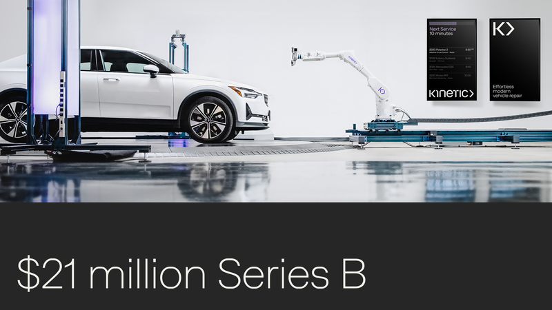 Image of a white Polestar in a Kinetic Hub, with text below that reads $21 million Series B